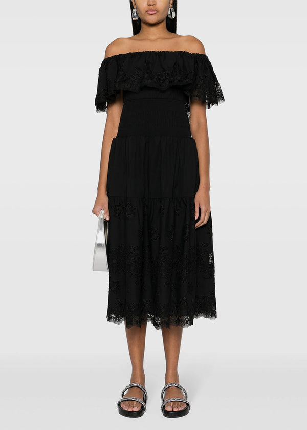 SELF-PORTRAIT Black Off-Shoulder Midi Dress-NOBLEMARS