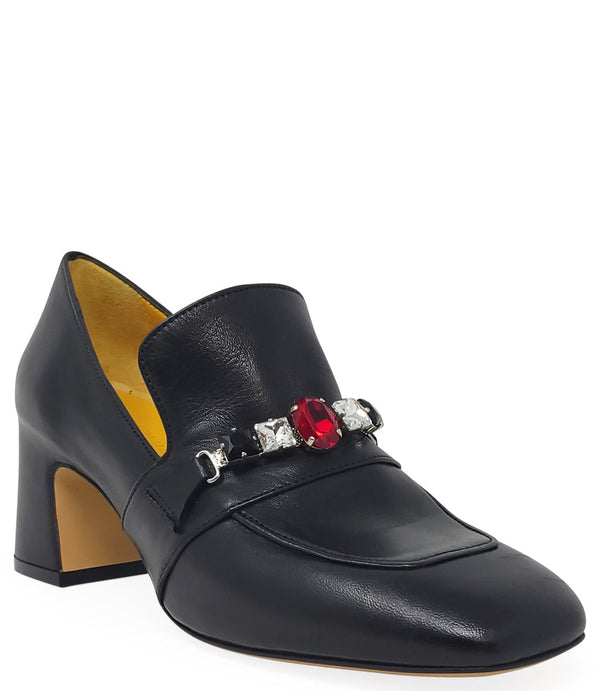 Madison Maison™ Black Leather Mid Heel Jeweled Loafer-NOBLEMARS