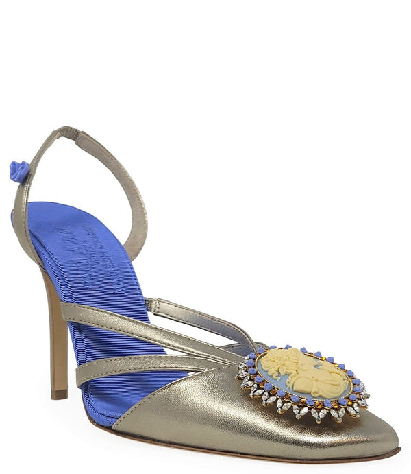 Madison Maison™ Blue Gold Leather Cameo High Heel Slingback-NOBLEMARS