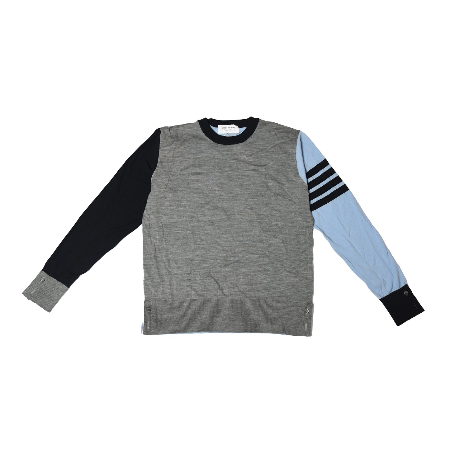 Thom Browne Funmix Wool 4-Bar Wool Crewneck Pullover Grey Black Blue - NOBLEMARS
