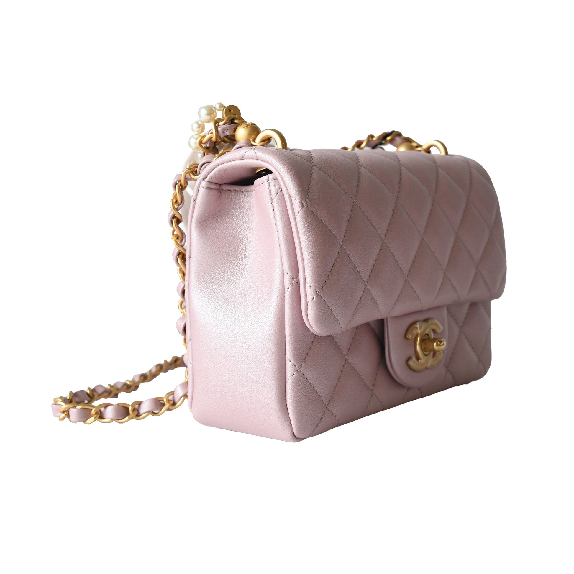 Chanel Shiny Lambskin Quilted Pearl Twist Square Flap Bag Gold Hardware Light Pink - NOBLEMARS