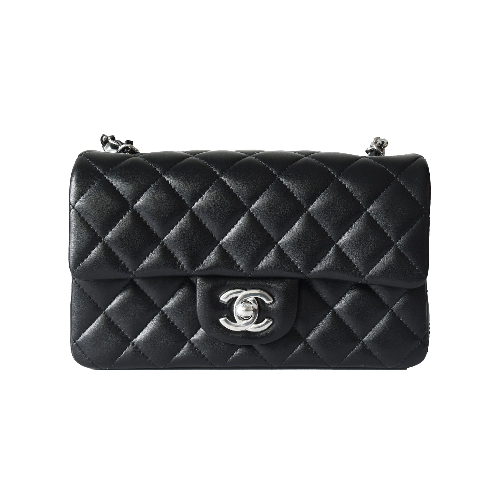 Chanel Lambskin Quilted Mini Rectangular Flap Bag Silver Hardware Black - NOBLEMARS