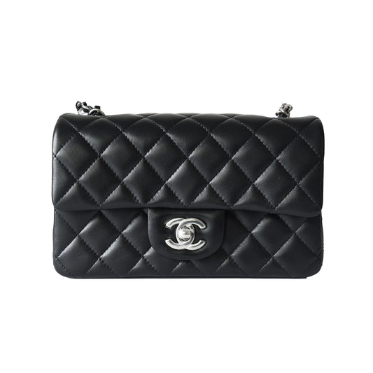 Chanel Lambskin Quilted Mini Rectangular Flap Bag Silver Hardware Black - NOBLEMARS