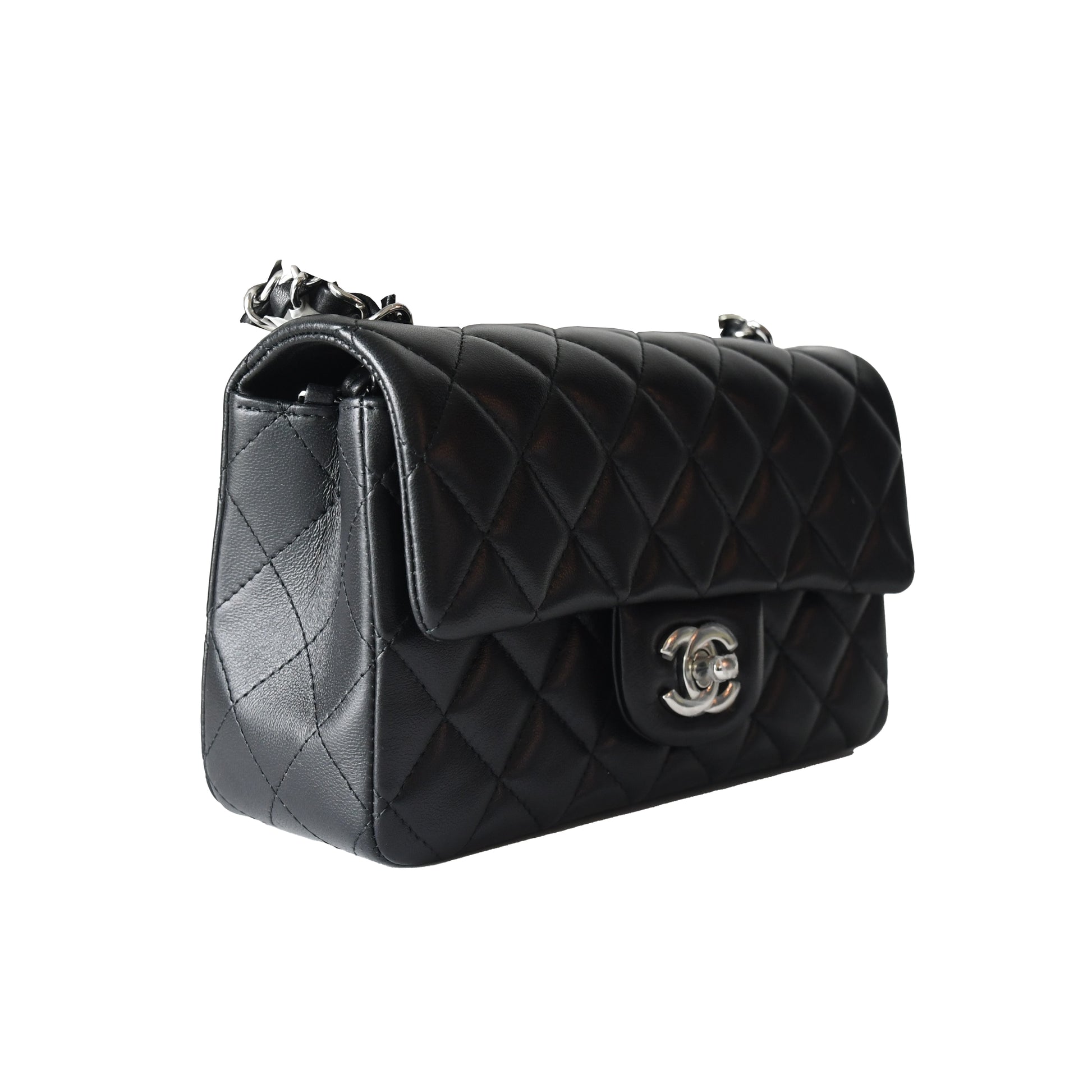 Chanel Lambskin Quilted Mini Rectangular Flap Bag Silver Hardware Black - NOBLEMARS
