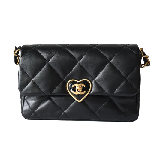 Chanel Lambskin Quilted Coco Love CC Heart Flap Bag Black - NOBLEMARS