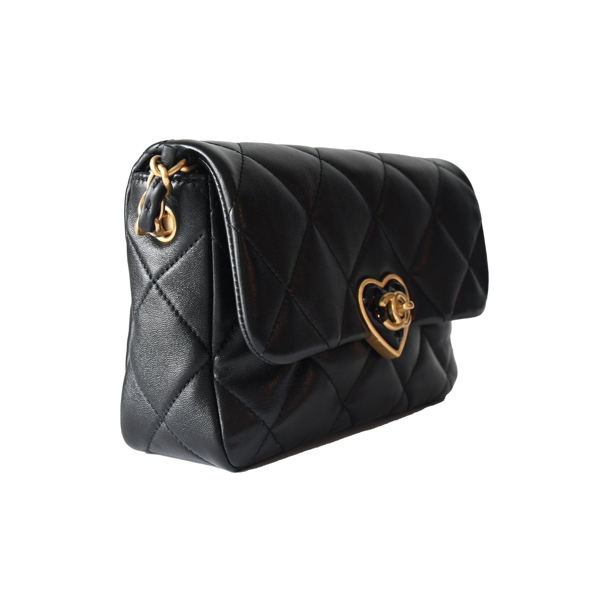 Chanel Lambskin Quilted Coco Love CC Heart Flap Bag Black - NOBLEMARS