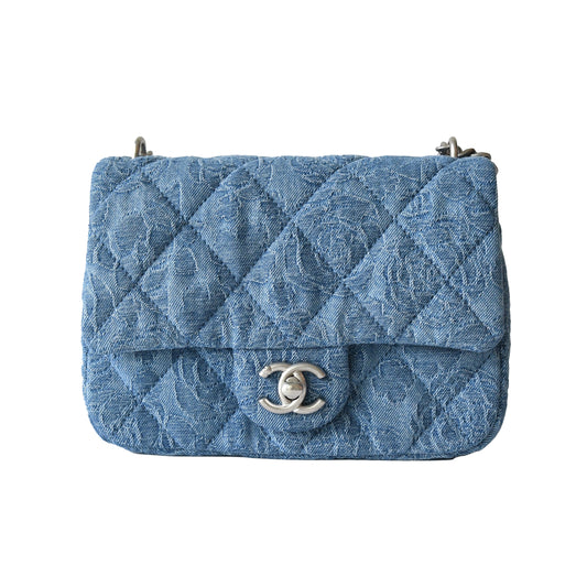 Chanel Denim Quilted Camellia Sweetheart Flap Bag Silver Hardware Blue - NOBLEMARS