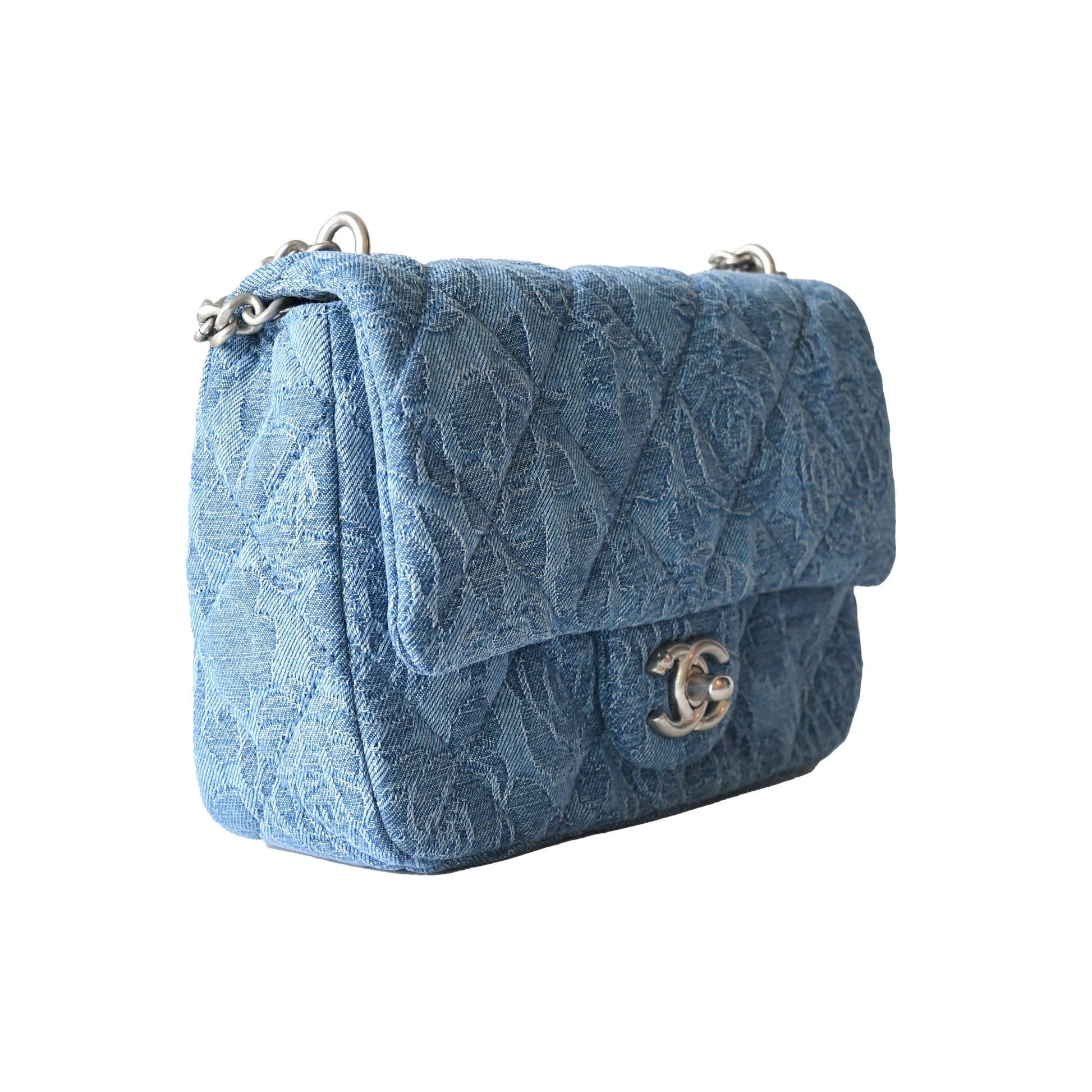 Chanel Denim Quilted Camellia Sweetheart Flap Bag Silver Hardware Blue - NOBLEMARS