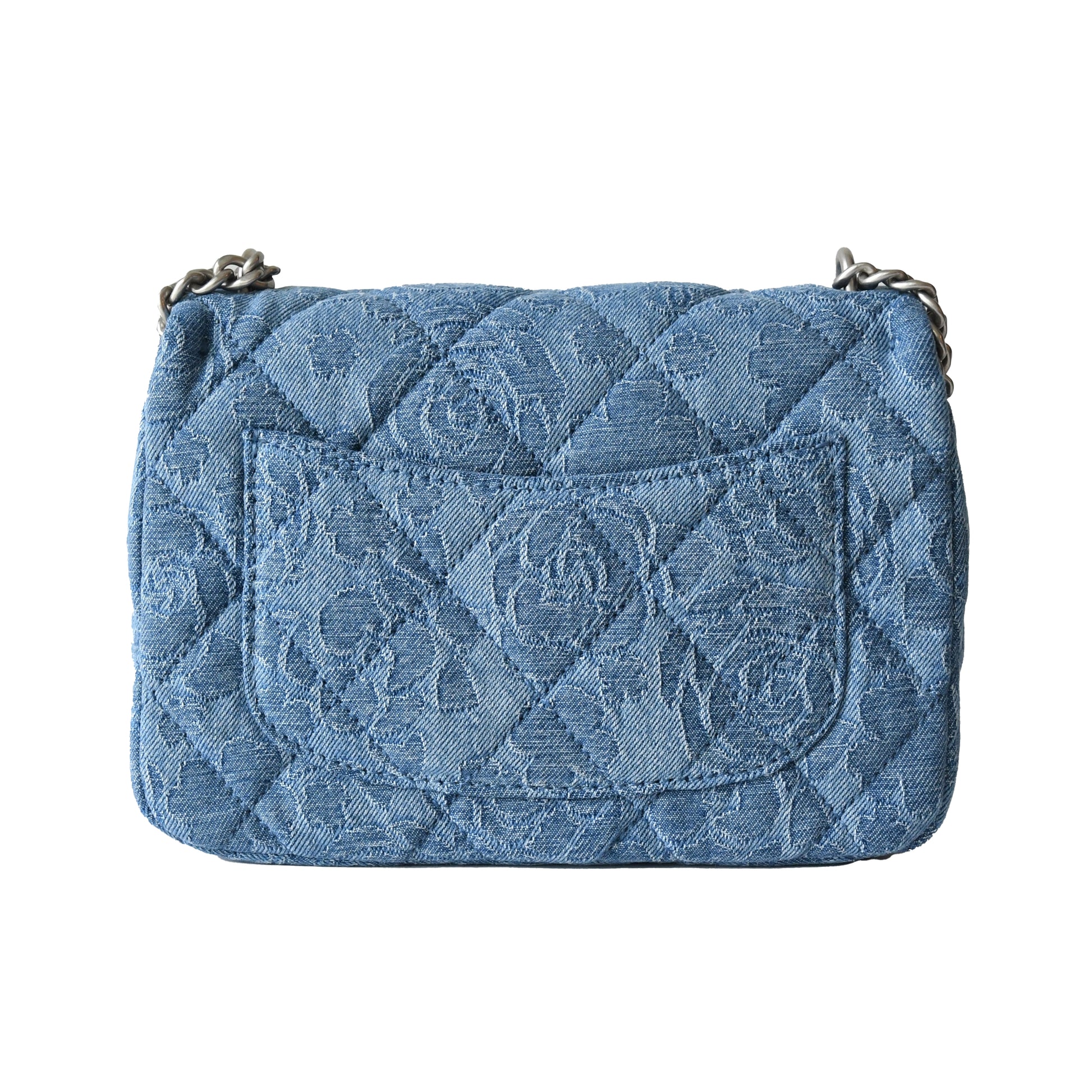 Chanel Denim Quilted Camellia Sweetheart Flap Bag Silver Hardware Blue - NOBLEMARS
