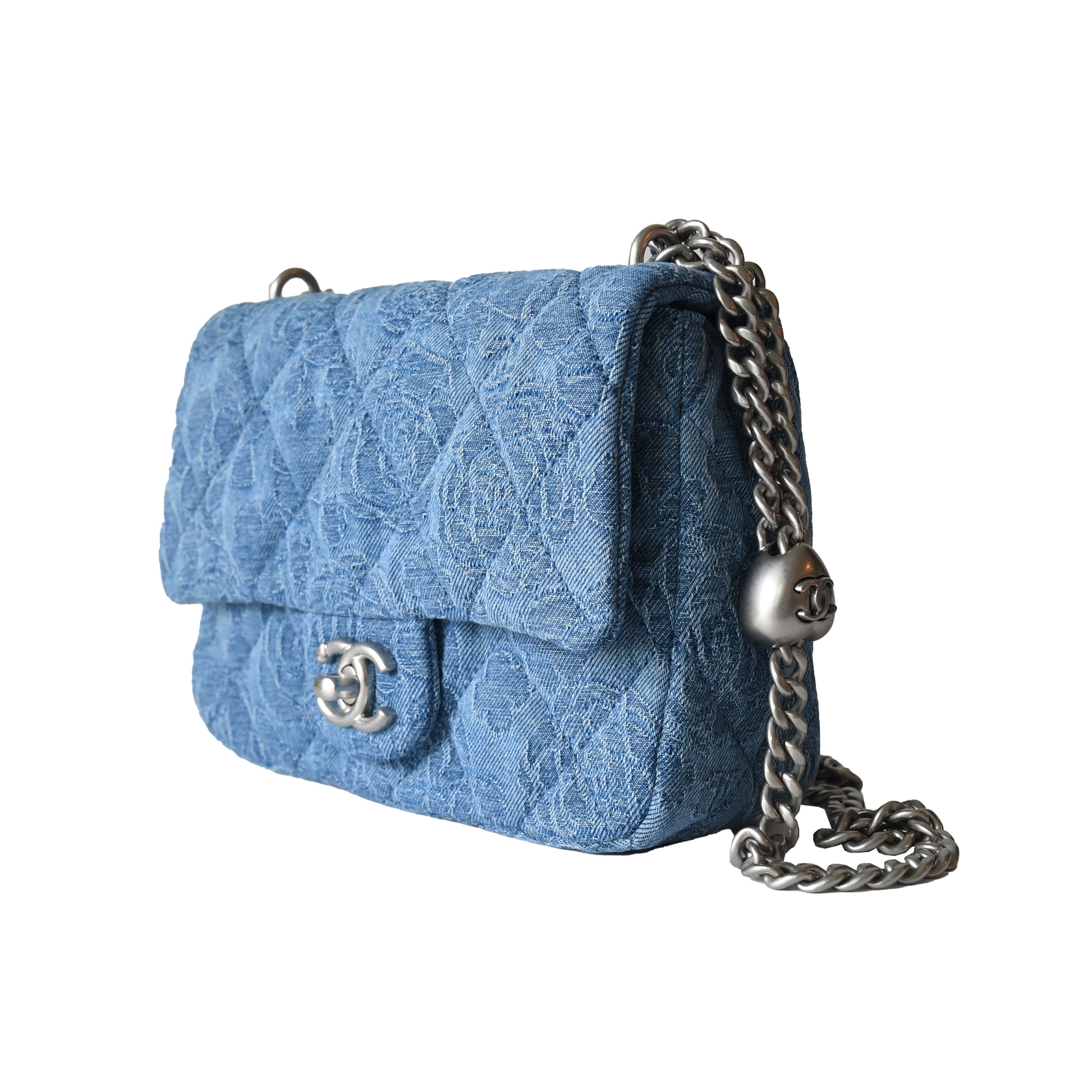 Chanel Denim Quilted Camellia Sweetheart Flap Bag Silver Hardware Blue - NOBLEMARS