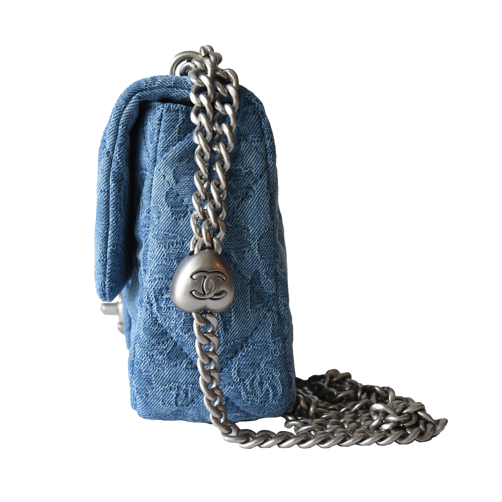 Chanel Denim Quilted Camellia Sweetheart Flap Bag Silver Hardware Blue - NOBLEMARS