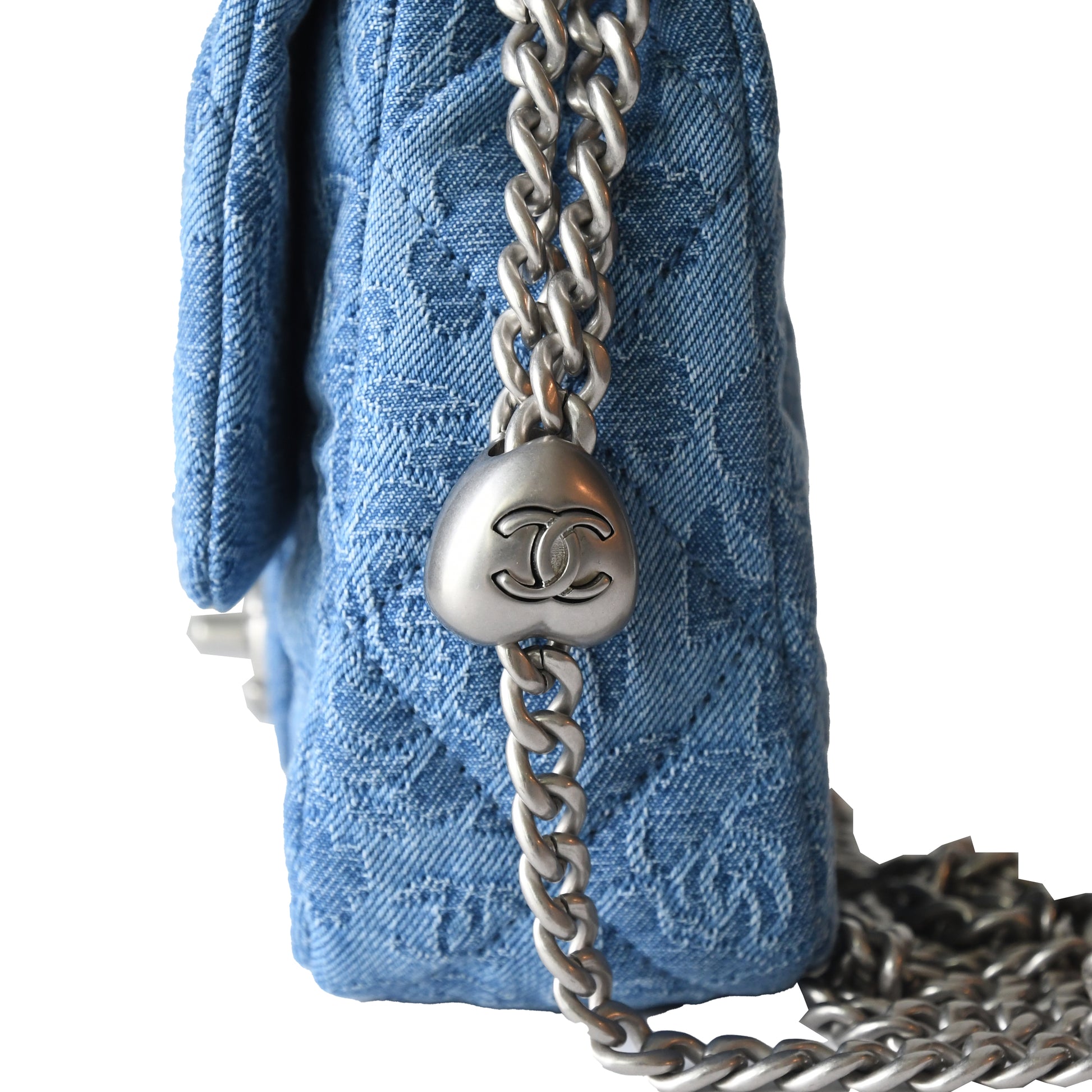 Chanel Denim Quilted Camellia Sweetheart Flap Bag Silver Hardware Blue - NOBLEMARS