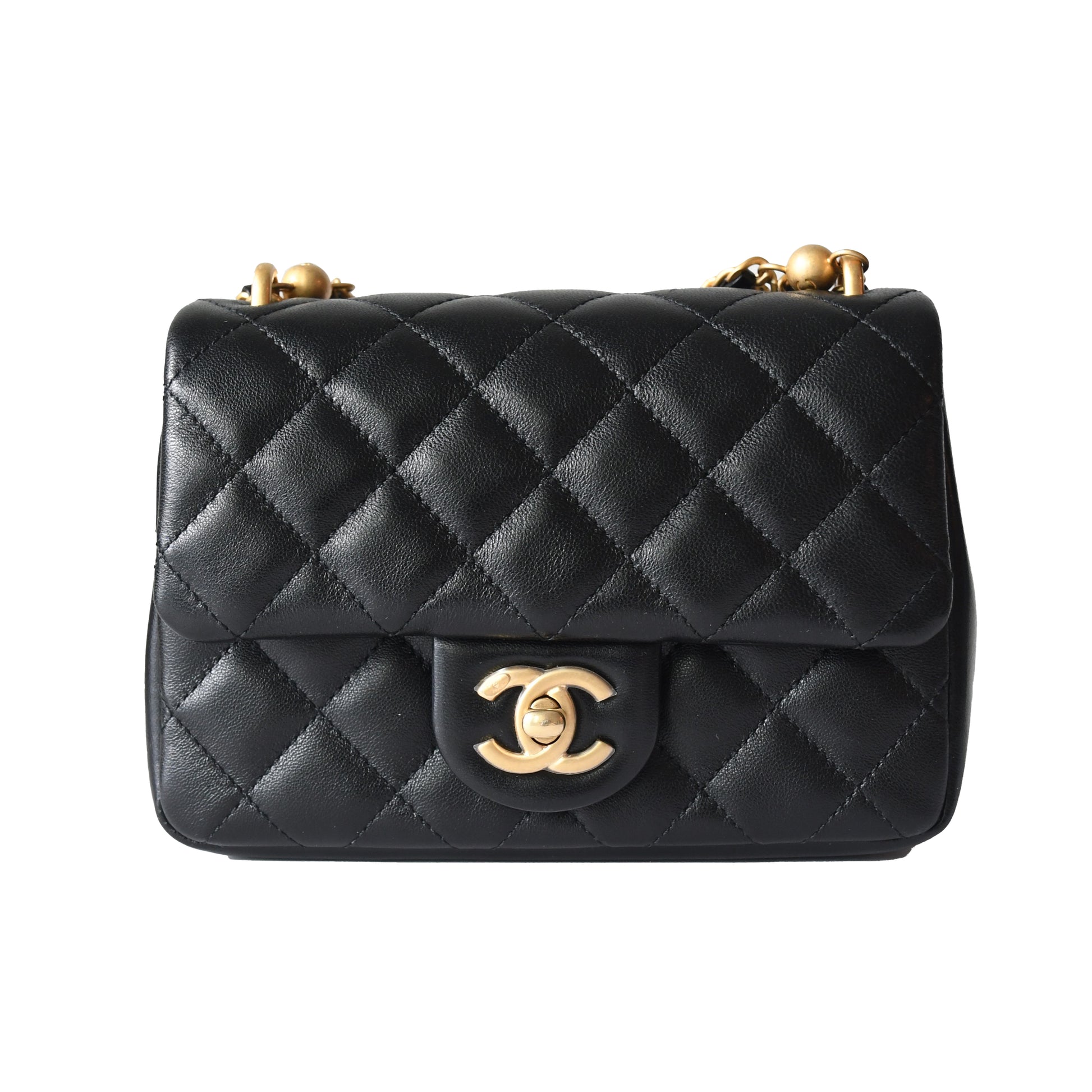 Chanel Shiny Lambskin Quilted Pearl Twist Square Flap Bag Gold Hardware Black - NOBLEMARS