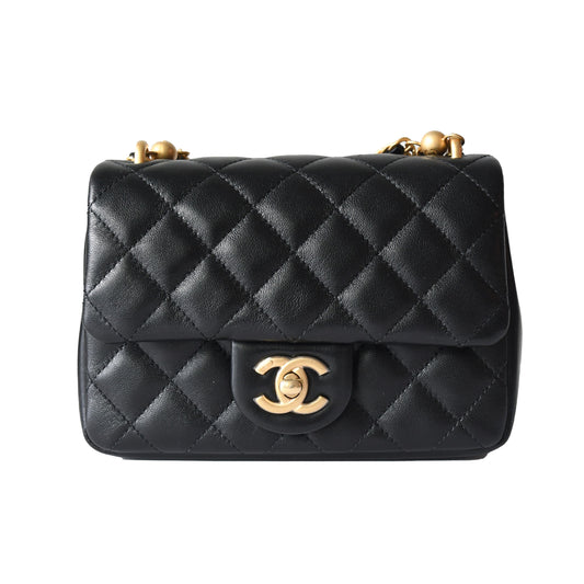 Chanel Shiny Lambskin Quilted Pearl Twist Square Flap Bag Gold Hardware Black - NOBLEMARS