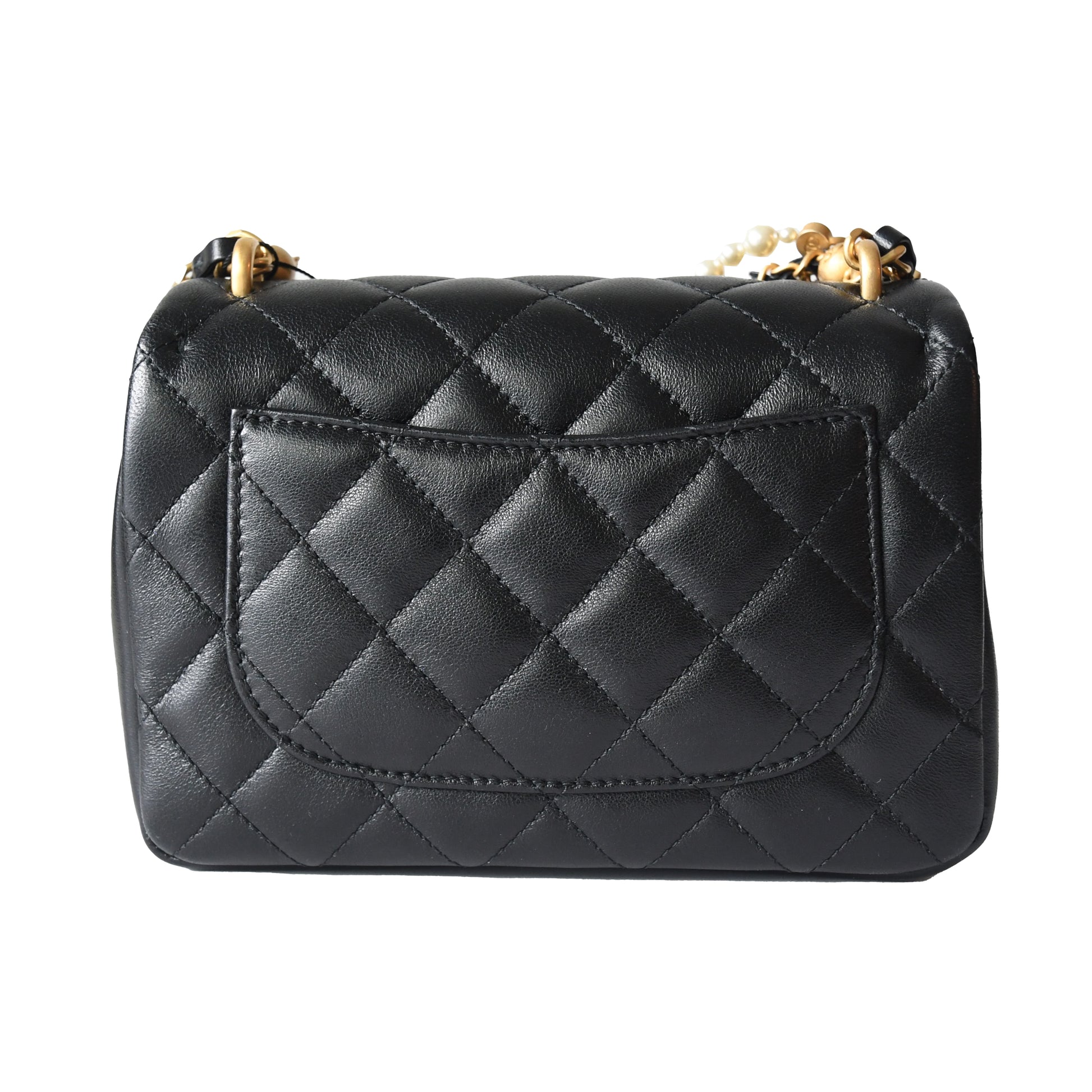 Chanel Shiny Lambskin Quilted Pearl Twist Square Flap Bag Gold Hardware Black - NOBLEMARS