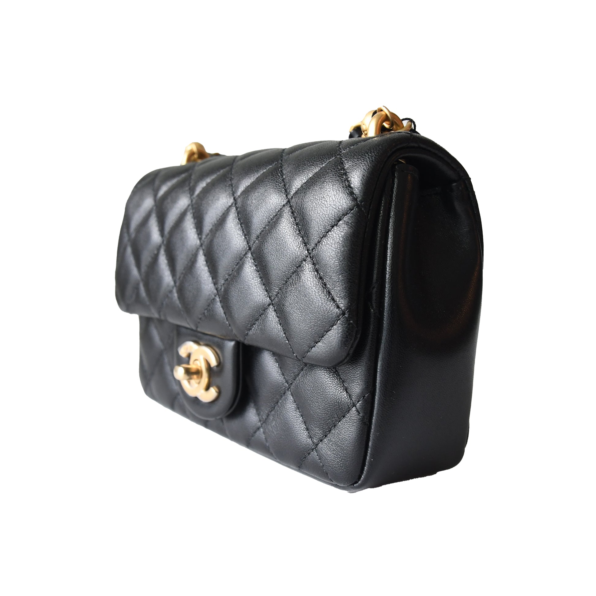 Chanel Shiny Lambskin Quilted Pearl Twist Square Flap Bag Gold Hardware Black - NOBLEMARS