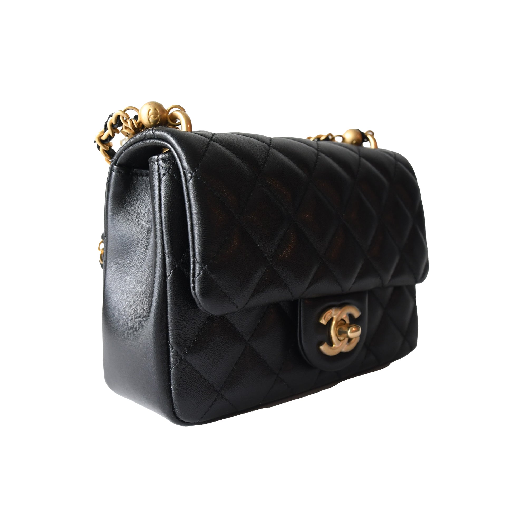 Chanel Shiny Lambskin Quilted Pearl Twist Square Flap Bag Gold Hardware Black - NOBLEMARS