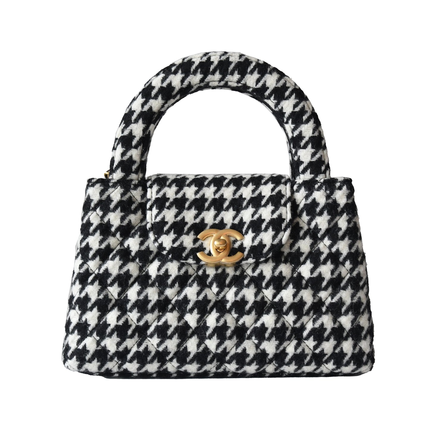 Chanel Tweed Houndstooth Quilted Nano Kelly Handbag Gold Hardware Black White - NOBLEMARS
