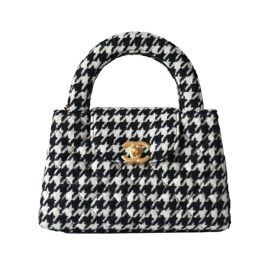 Chanel Tweed Houndstooth Quilted Nano Kelly Handbag Gold Hardware Black White - NOBLEMARS