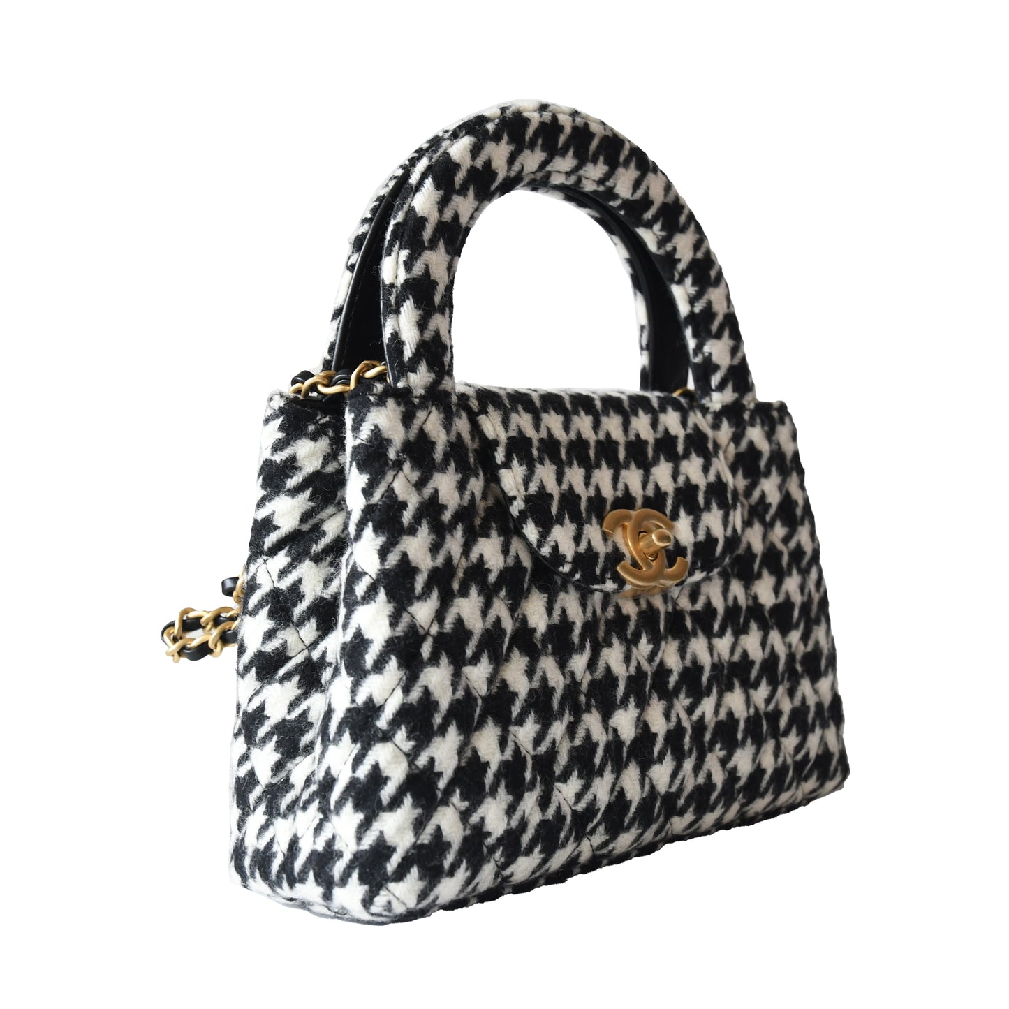 Chanel Tweed Houndstooth Quilted Nano Kelly Handbag Gold Hardware Black White - NOBLEMARS