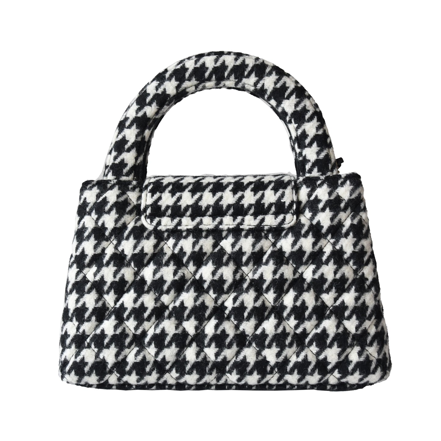 Chanel Tweed Houndstooth Quilted Nano Kelly Handbag Gold Hardware Black White - NOBLEMARS