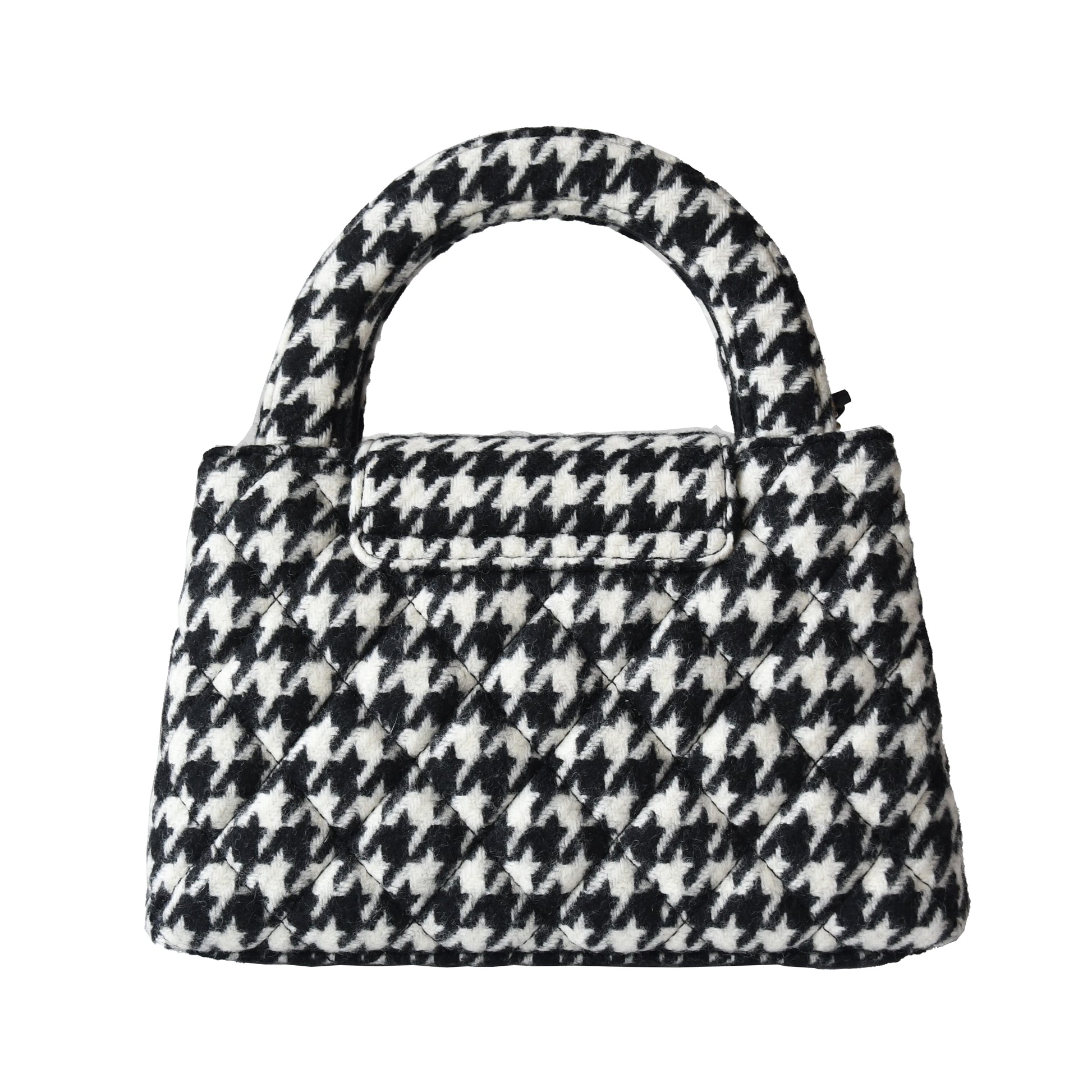 Chanel Tweed Houndstooth Quilted Nano Kelly Handbag Gold Hardware Black White - NOBLEMARS