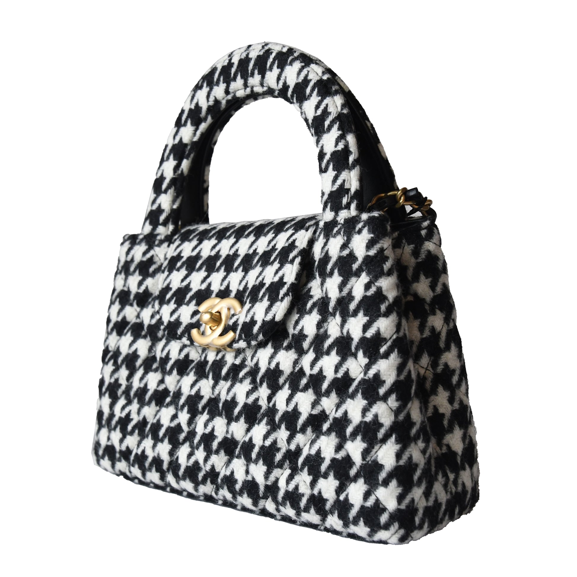 Chanel Tweed Houndstooth Quilted Nano Kelly Handbag Gold Hardware Black White - NOBLEMARS