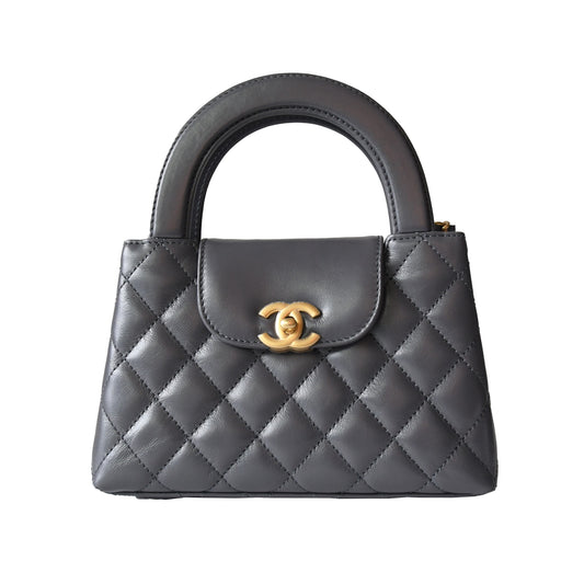 Chanel Shiny Aged Calfskin Quilted Mini Kelly Brushed Gold Hardware Grey - NOBLEMARS