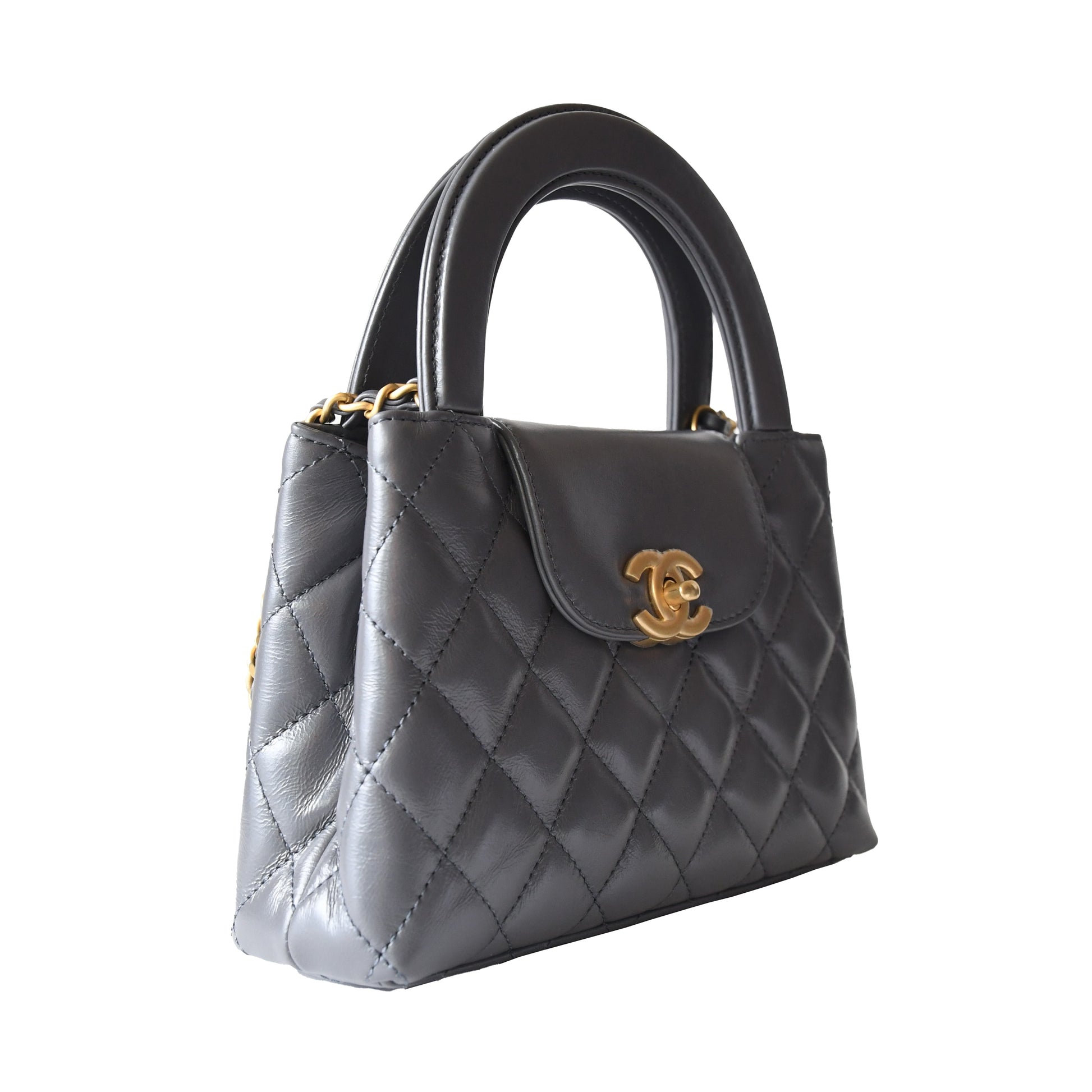 Chanel Shiny Aged Calfskin Quilted Mini Kelly Brushed Gold Hardware Grey - NOBLEMARS