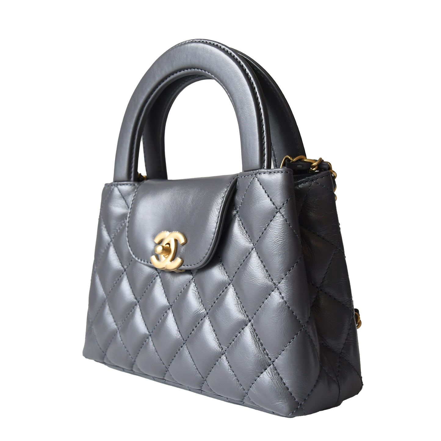 Chanel Shiny Aged Calfskin Quilted Mini Kelly Brushed Gold Hardware Grey - NOBLEMARS