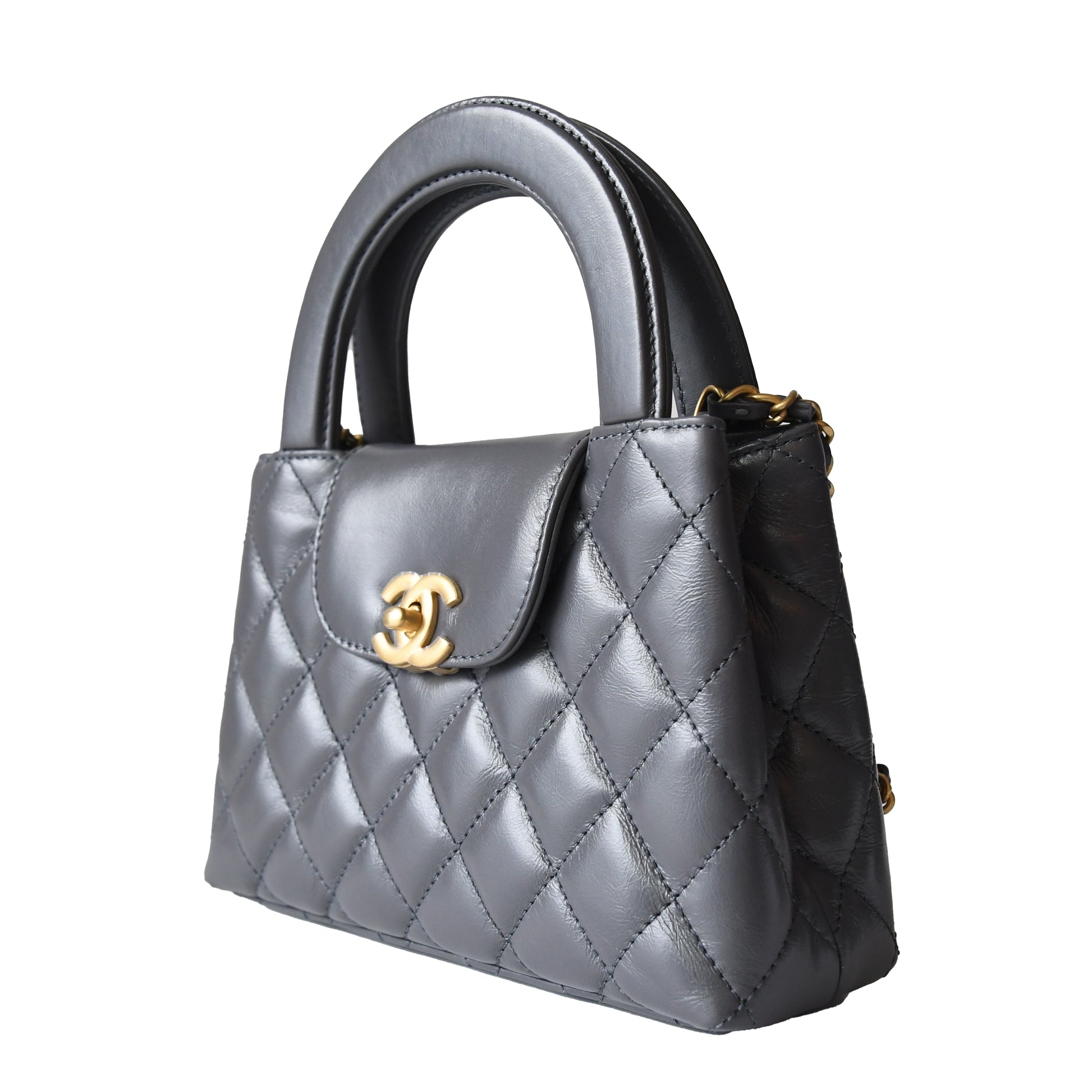 Chanel Shiny Aged Calfskin Quilted Mini Kelly Brushed Gold Hardware Grey - NOBLEMARS
