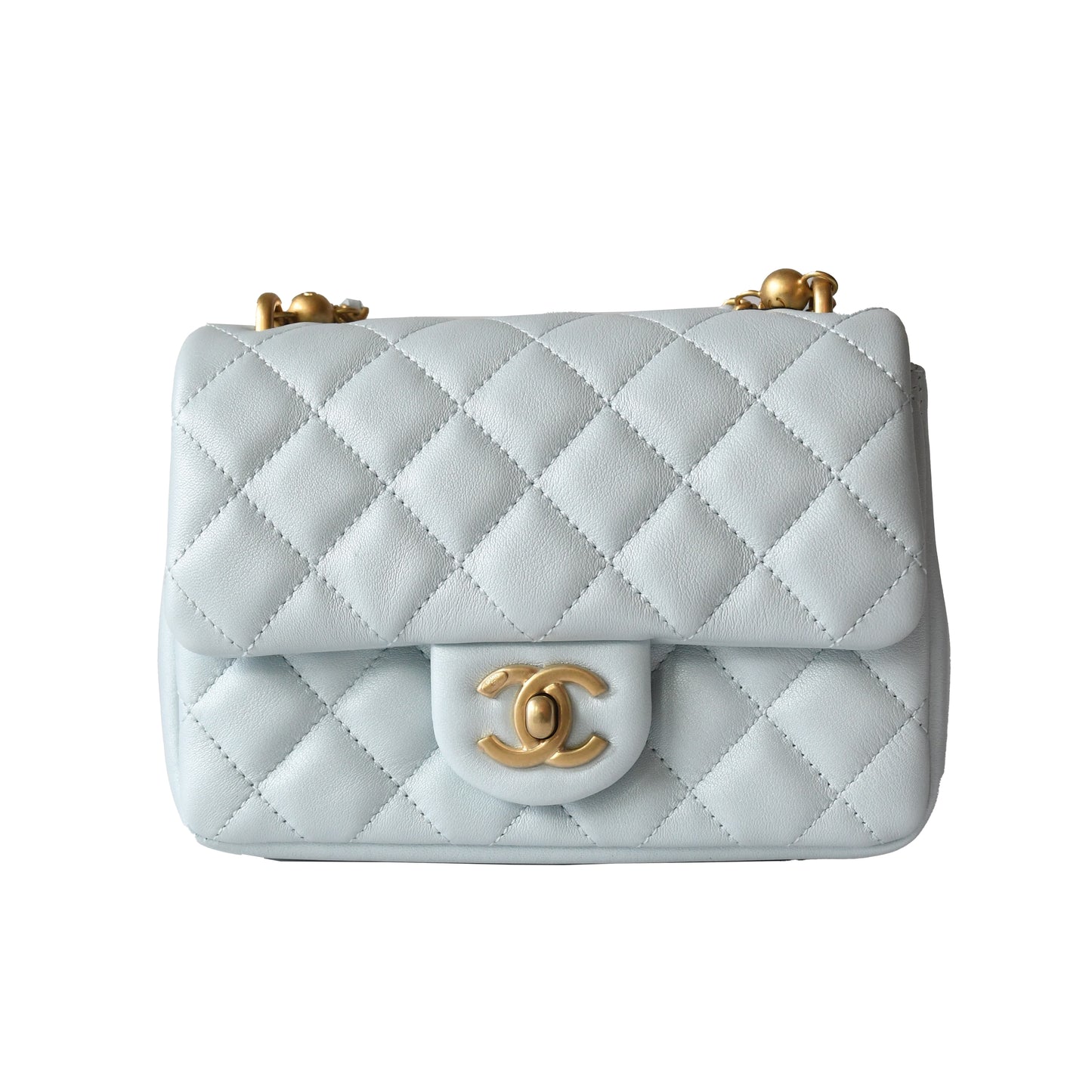 Chanel Shiny Lambskin Quilted Pearl Twist Square Flap Bag Gold Hardware Light Blue - NOBLEMARS