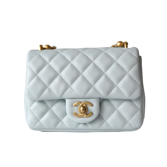 Chanel Shiny Lambskin Quilted Pearl Twist Square Flap Bag Gold Hardware Light Blue - NOBLEMARS