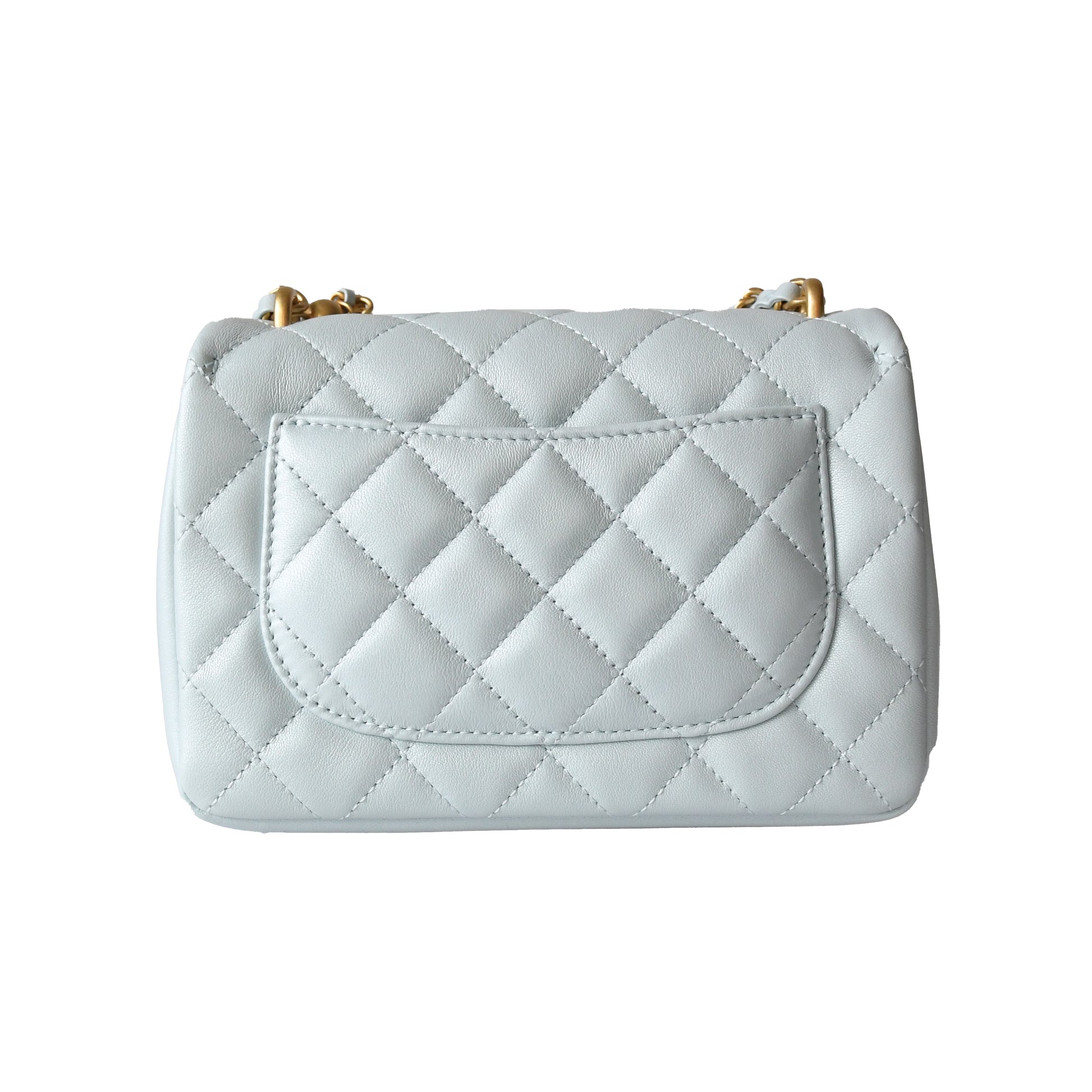 Chanel Shiny Lambskin Quilted Pearl Twist Square Flap Bag Gold Hardware Light Blue - NOBLEMARS