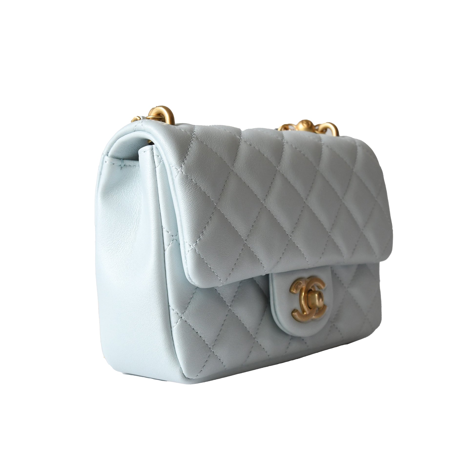 Chanel Shiny Lambskin Quilted Pearl Twist Square Flap Bag Gold Hardware Light Blue - NOBLEMARS
