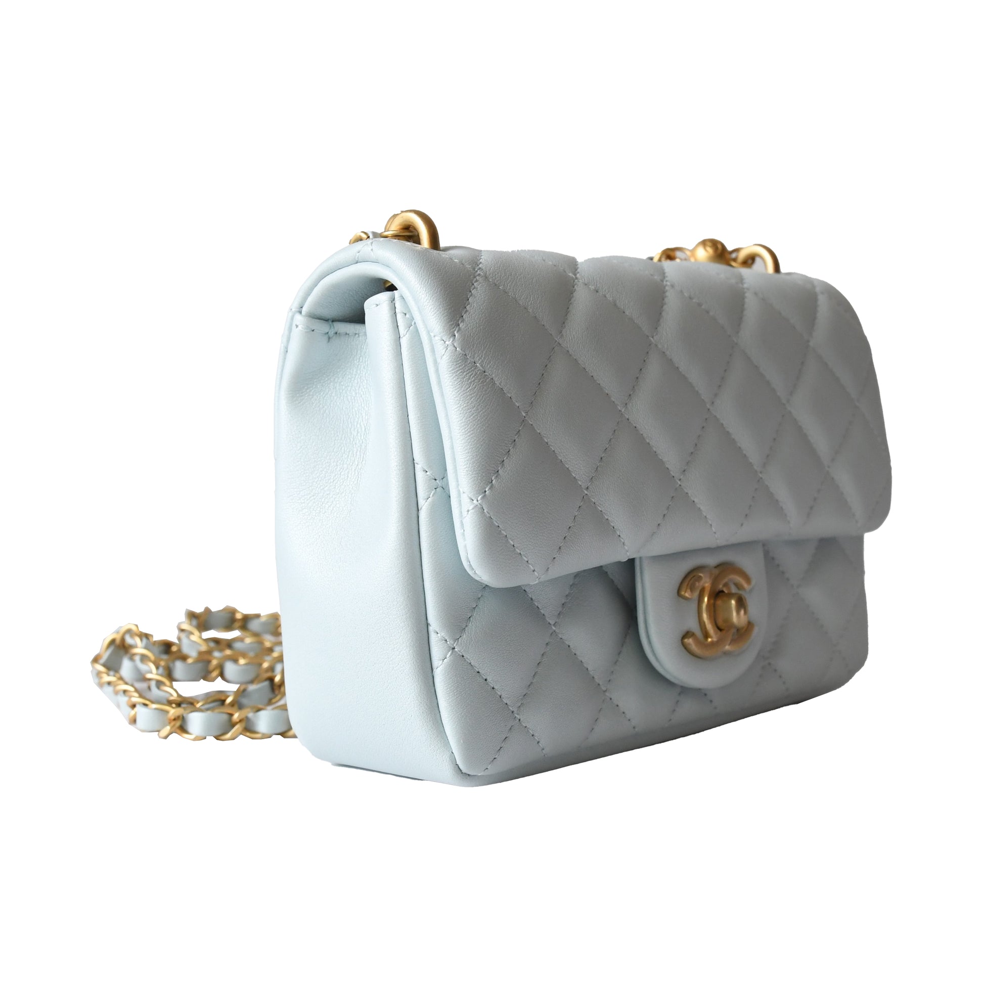 Chanel Shiny Lambskin Quilted Pearl Twist Square Flap Bag Gold Hardware Light Blue - NOBLEMARS