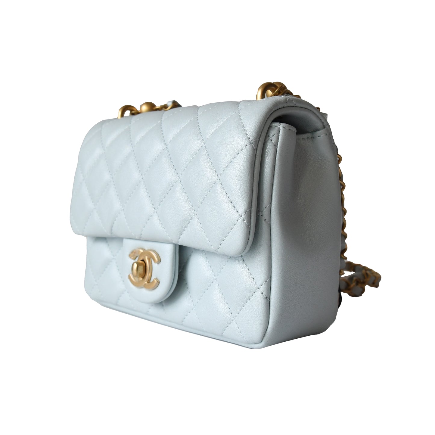 Chanel Shiny Lambskin Quilted Pearl Twist Square Flap Bag Gold Hardware Light Blue - NOBLEMARS