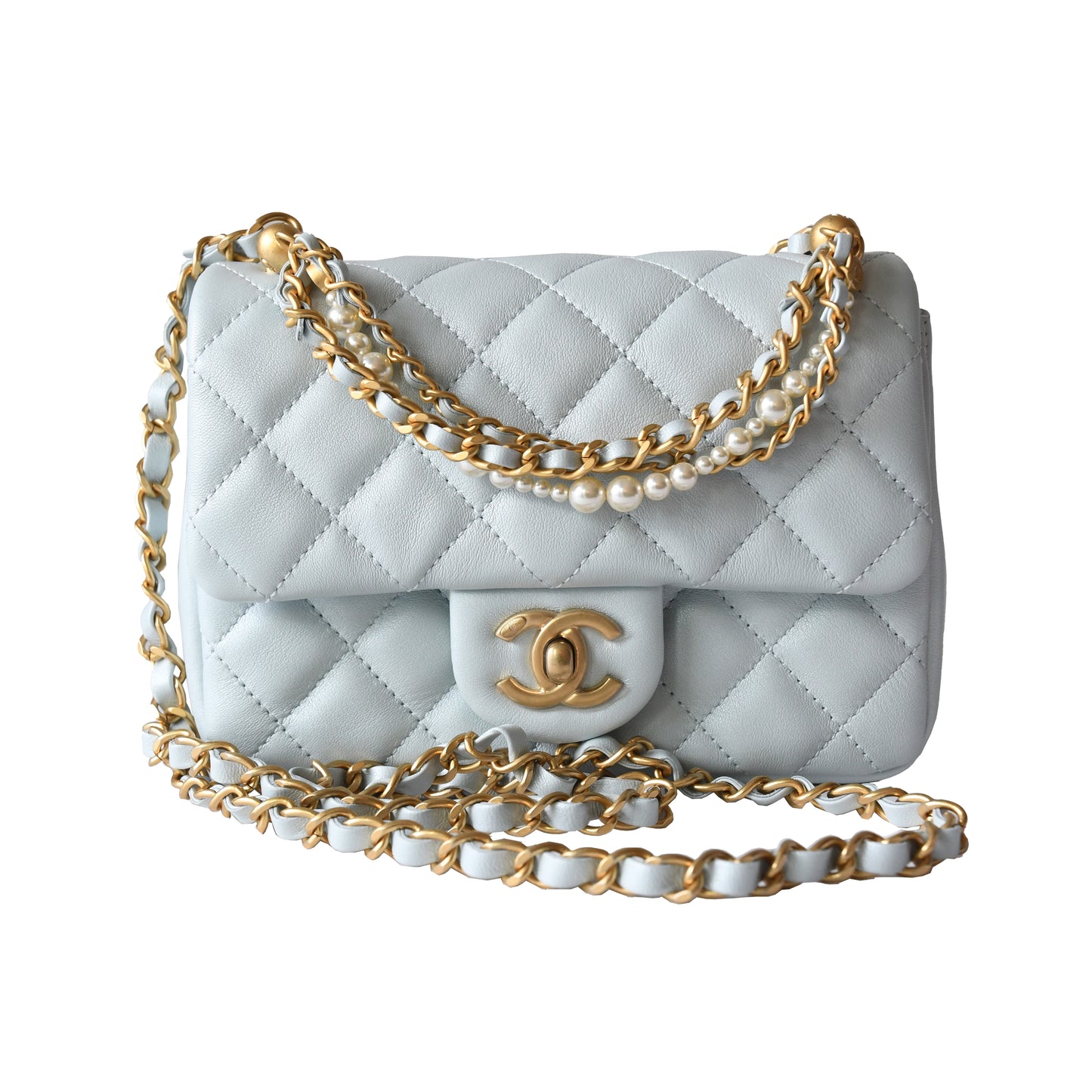 Chanel Shiny Lambskin Quilted Pearl Twist Square Flap Bag Gold Hardware Light Blue - NOBLEMARS