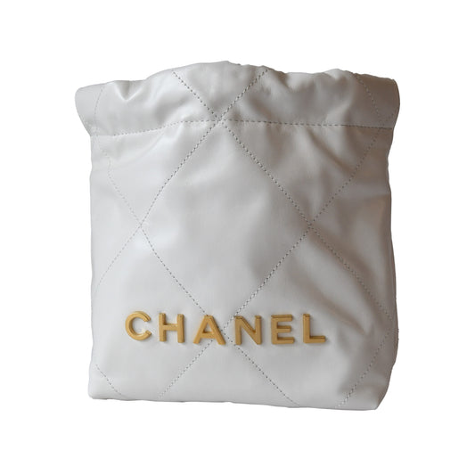 Chanel Shiny Calfskin Quilted Mini Chanel 22 Tote Bag Gold Hardware White - NOBLEMARS