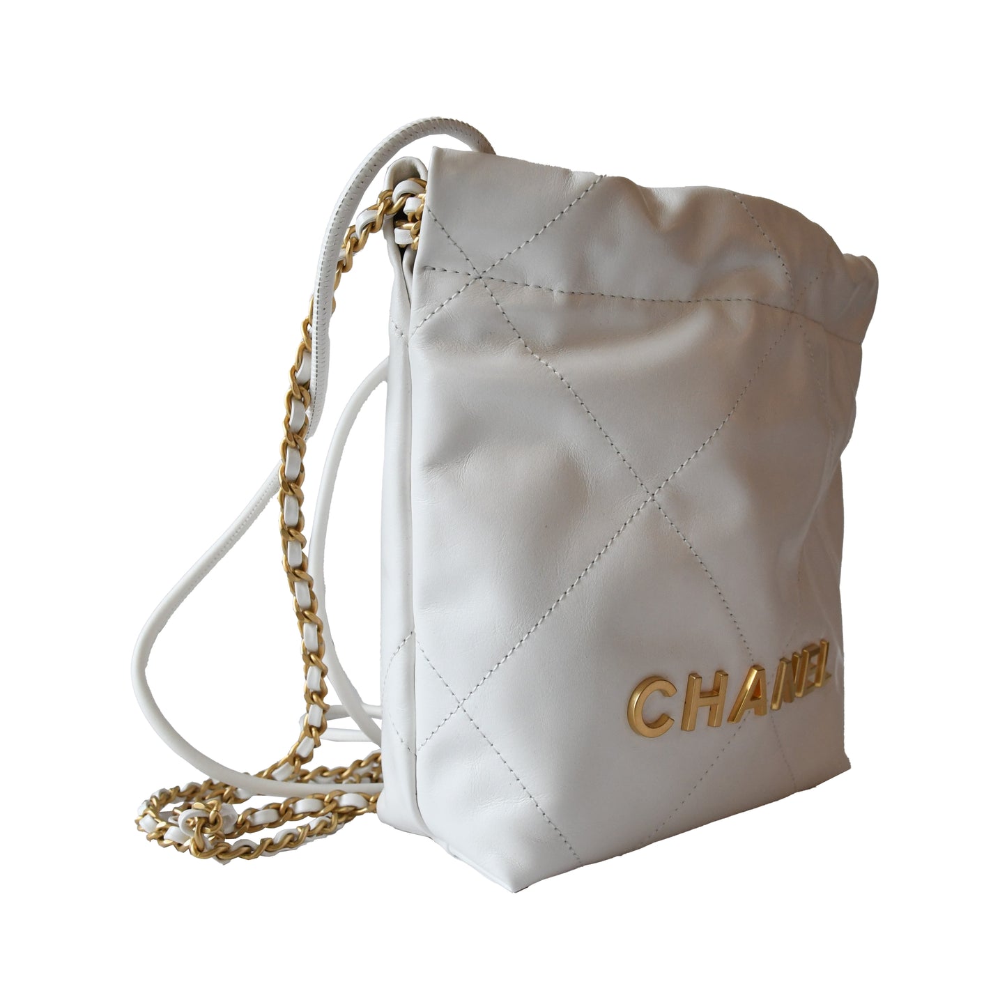 Chanel Shiny Calfskin Quilted Mini Chanel 22 Tote Bag Gold Hardware White - NOBLEMARS