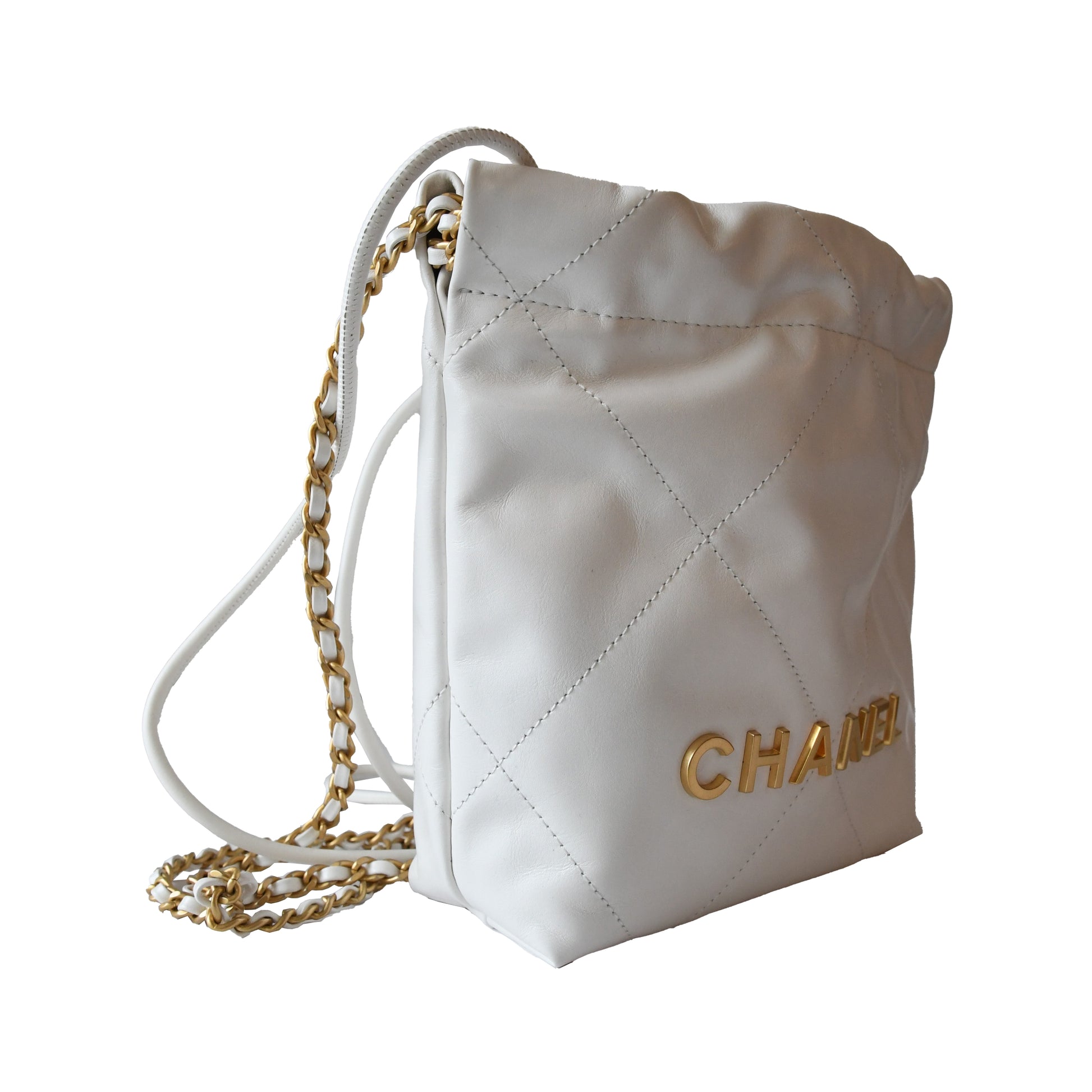 Chanel Shiny Calfskin Quilted Mini Chanel 22 Tote Bag Gold Hardware White - NOBLEMARS