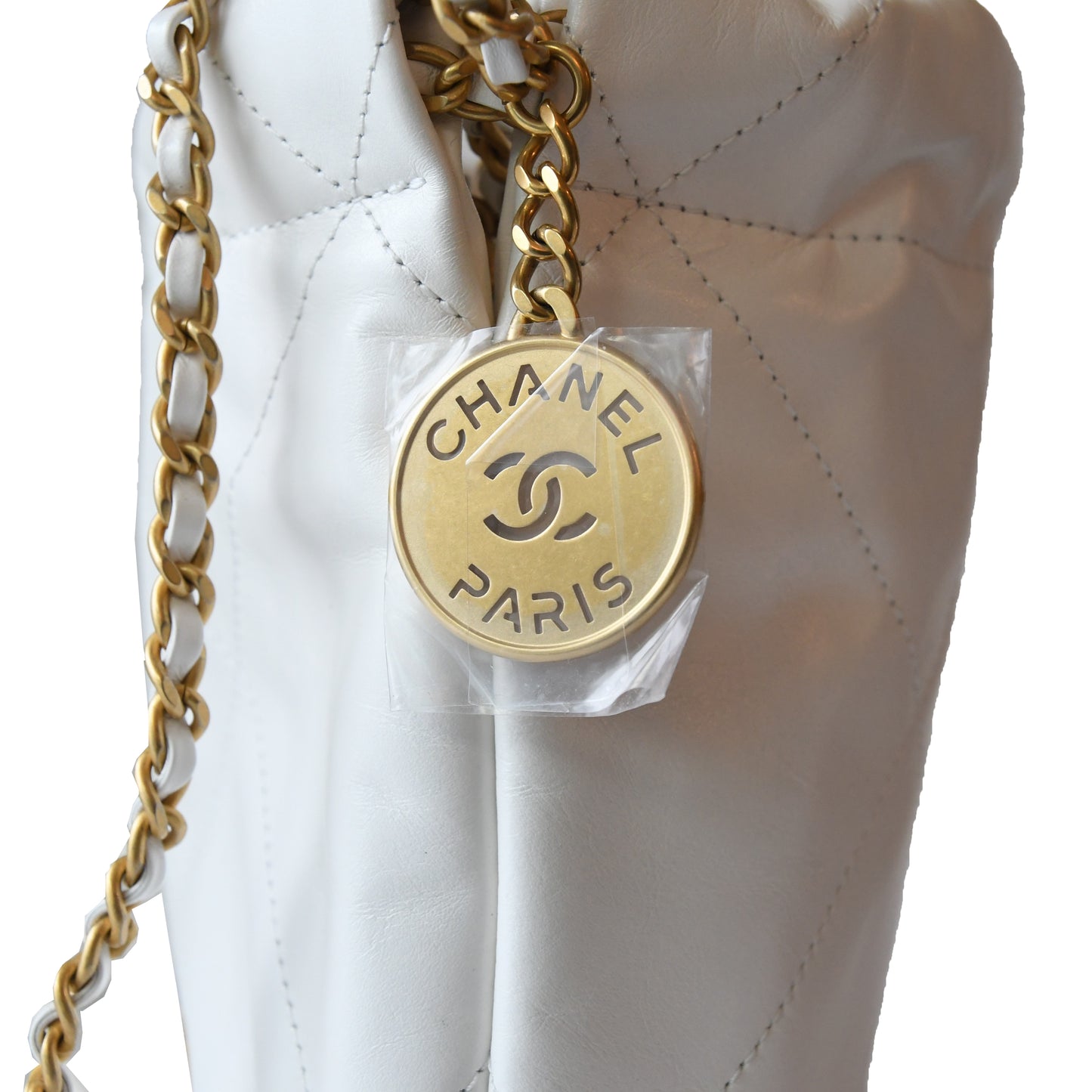Chanel Shiny Calfskin Quilted Mini Chanel 22 Tote Bag Gold Hardware White - NOBLEMARS
