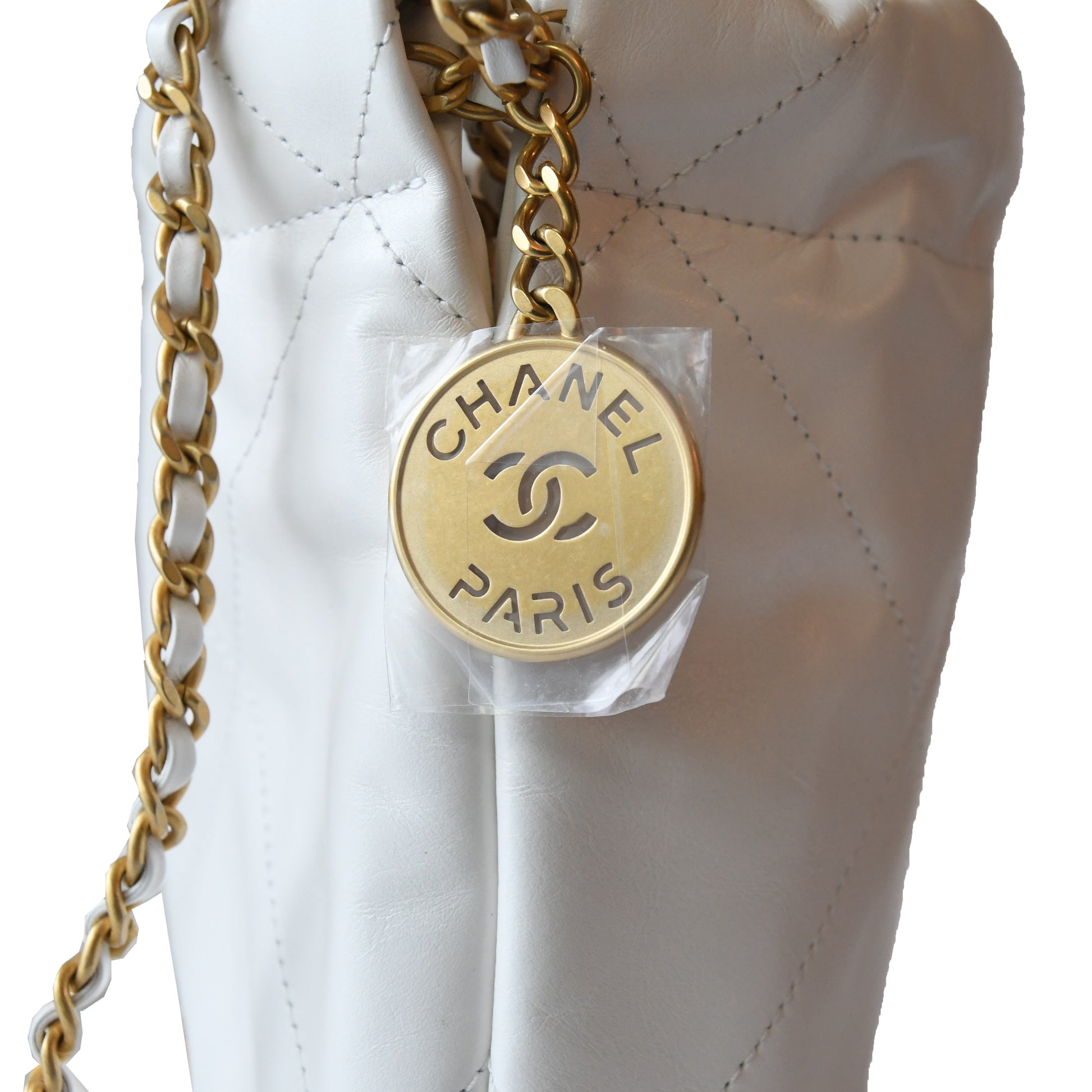 Chanel Shiny Calfskin Quilted Mini Chanel 22 Tote Bag Gold Hardware White - NOBLEMARS
