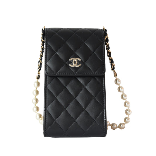 Chanel Pearl Matelasse Lambskin Quilted small Flap phone Bag Gold Hardware Black - NOBLEMARS