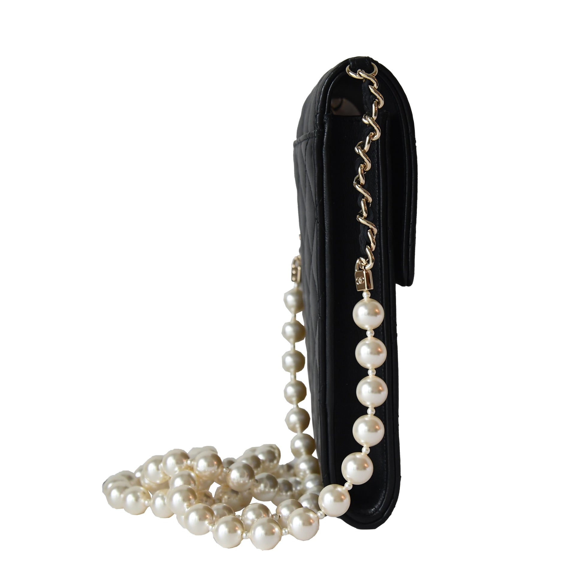 Chanel Pearl Matelasse Lambskin Quilted small Flap phone Bag Gold Hardware Black - NOBLEMARS