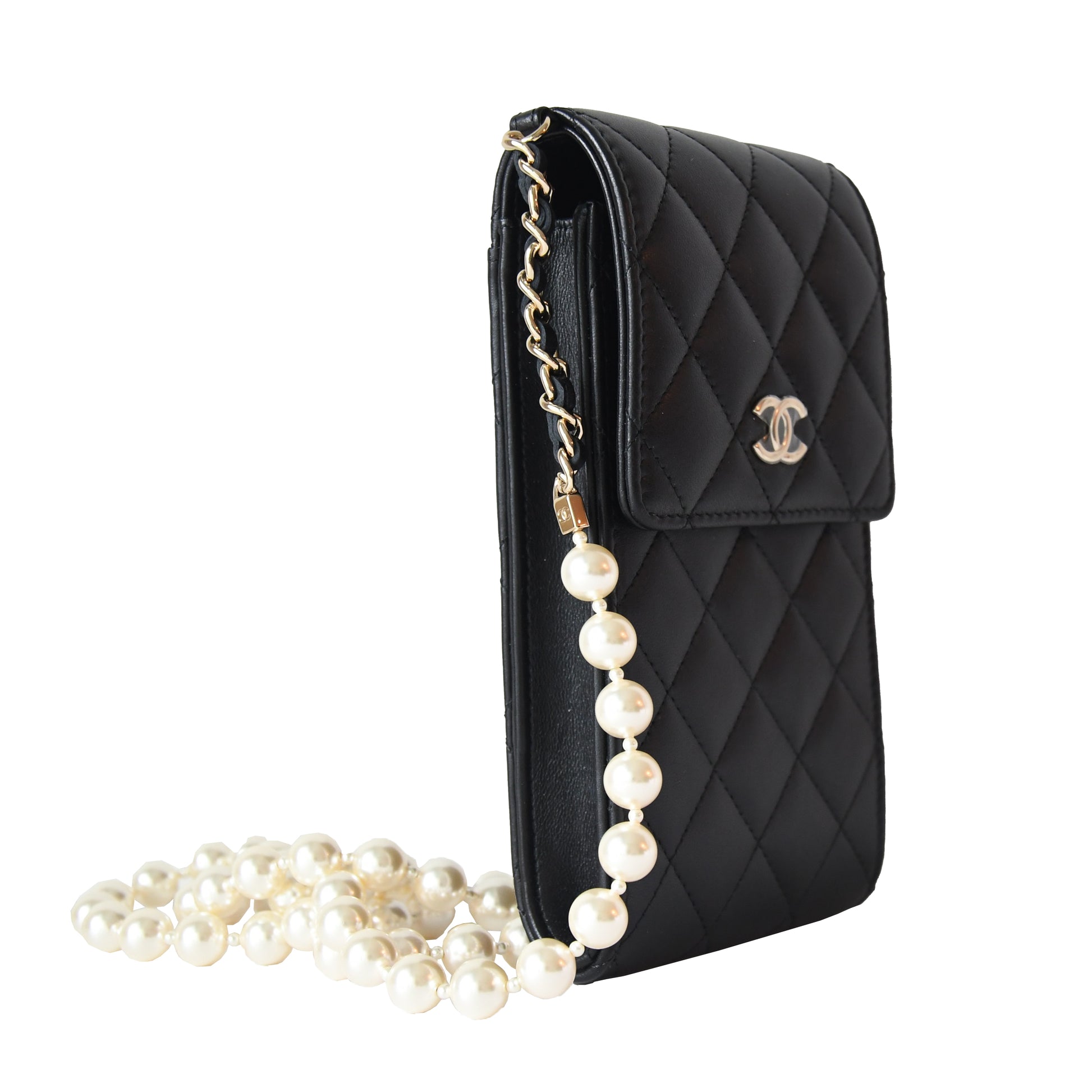 Chanel Pearl Matelasse Lambskin Quilted small Flap phone Bag Gold Hardware Black - NOBLEMARS
