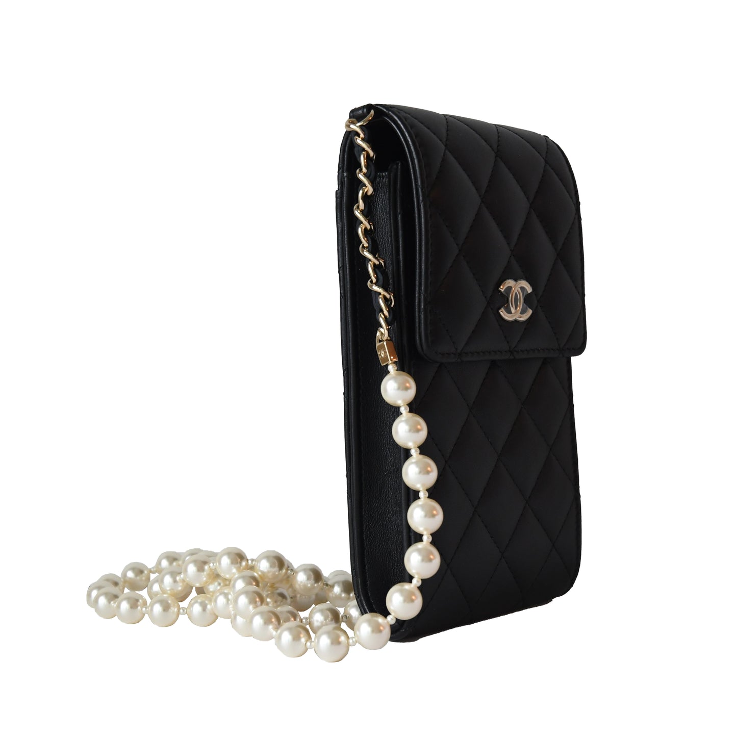 Chanel Pearl Matelasse Lambskin Quilted small Flap phone Bag Gold Hardware Black - NOBLEMARS