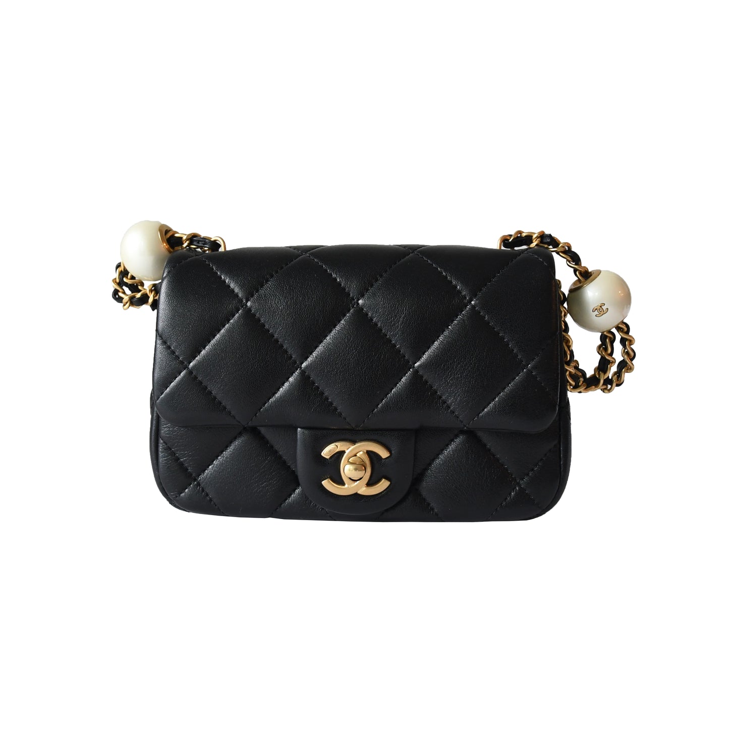 Chanel Lambskin Brushed Mini Square Pearl Flap Bag Gold Hardware Black - NOBLEMARS