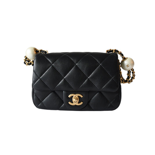 Chanel Lambskin Brushed Mini Square Pearl Flap Bag Gold Hardware Black - NOBLEMARS