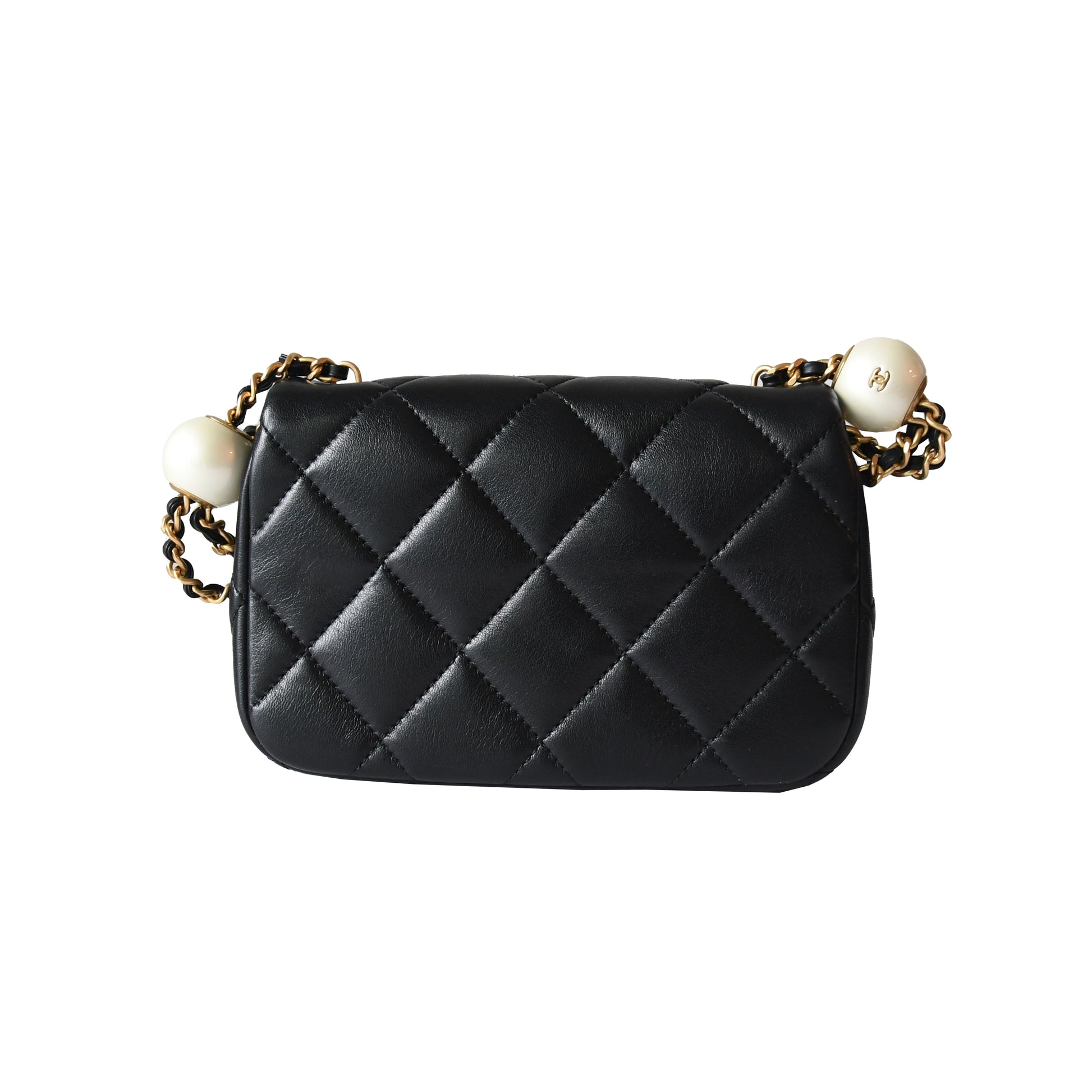 Chanel Lambskin Brushed Mini Square Pearl Flap Bag Gold Hardware Black - NOBLEMARS